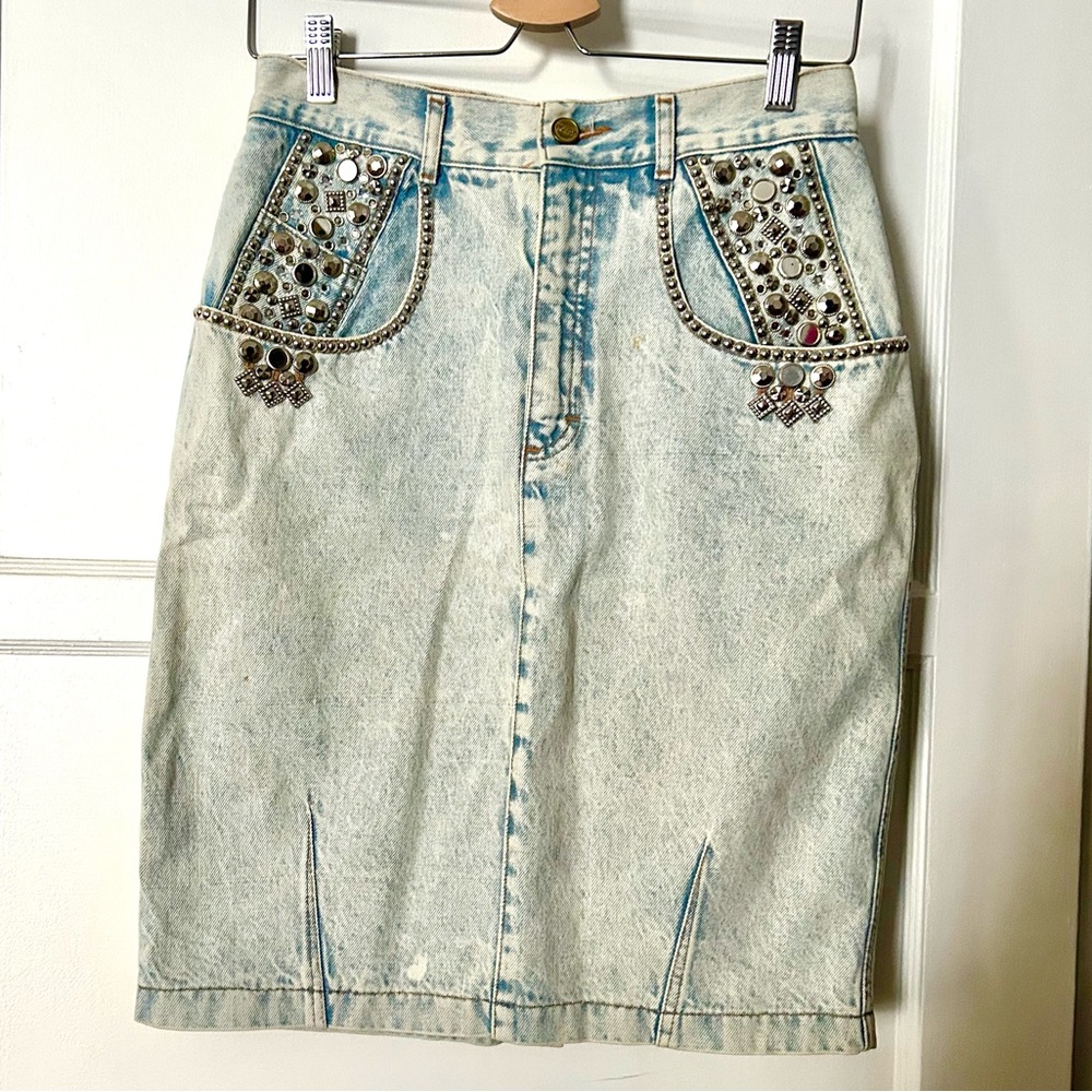 Awesome Vintage 1980s Denim Pencil Skirt acid wash with studs M